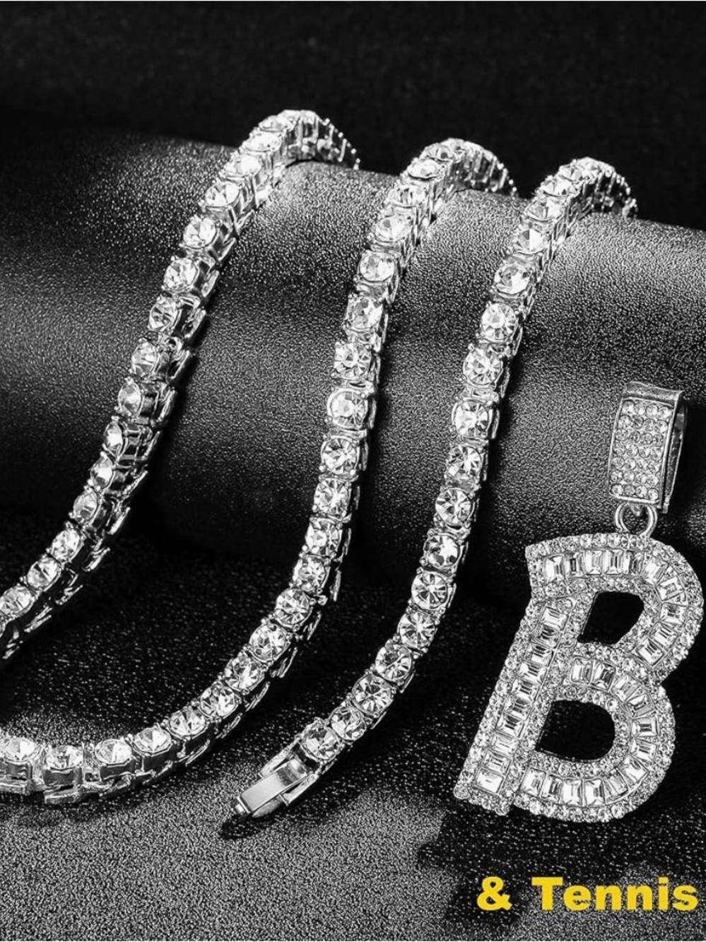 Iced Out Baguette Initial B Pendant Necklace Silver Hip Hop 22” Chain